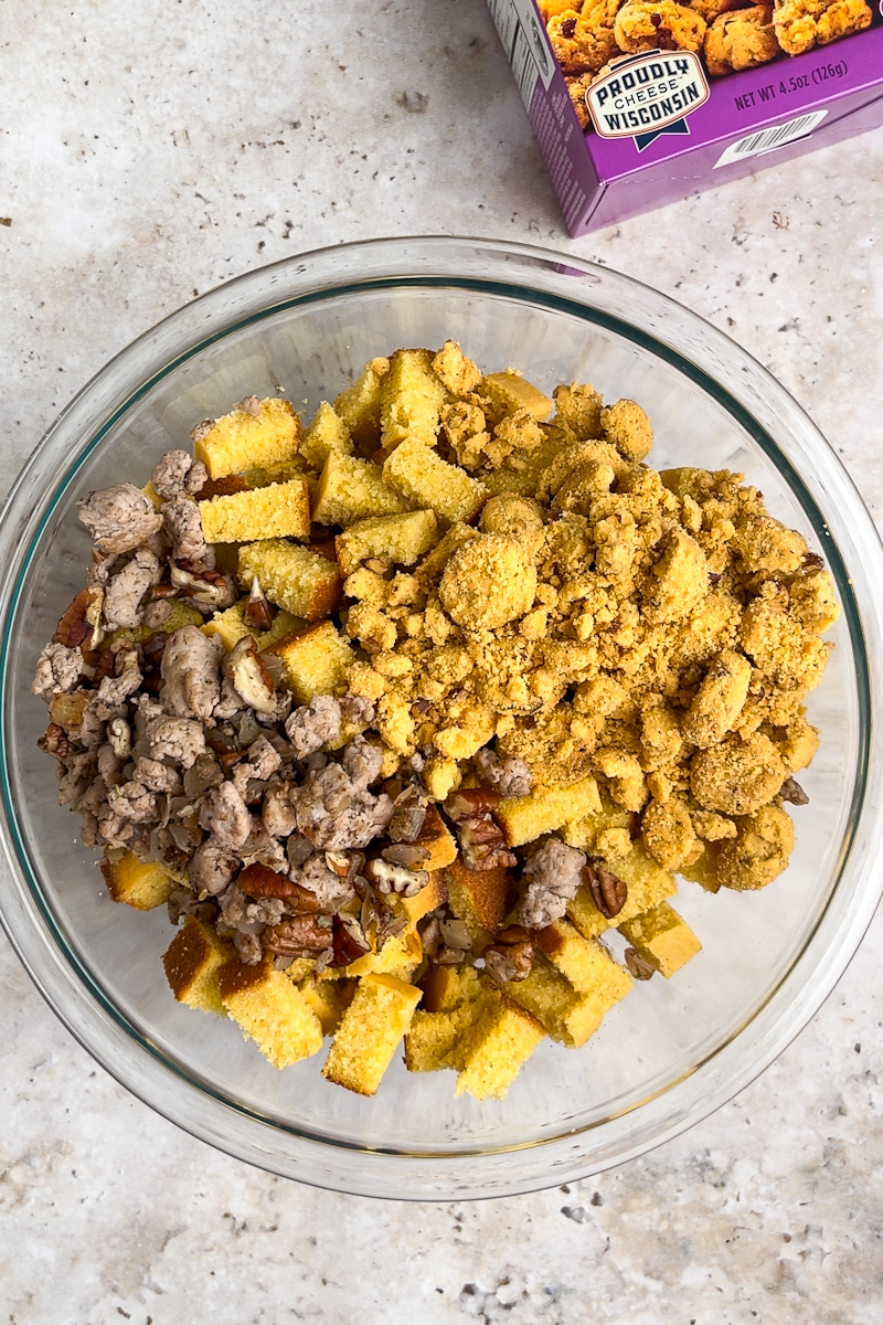 Step 2 of making Mama Geraldine's Pecan Cheddar Crispies Sausage Stuffing
