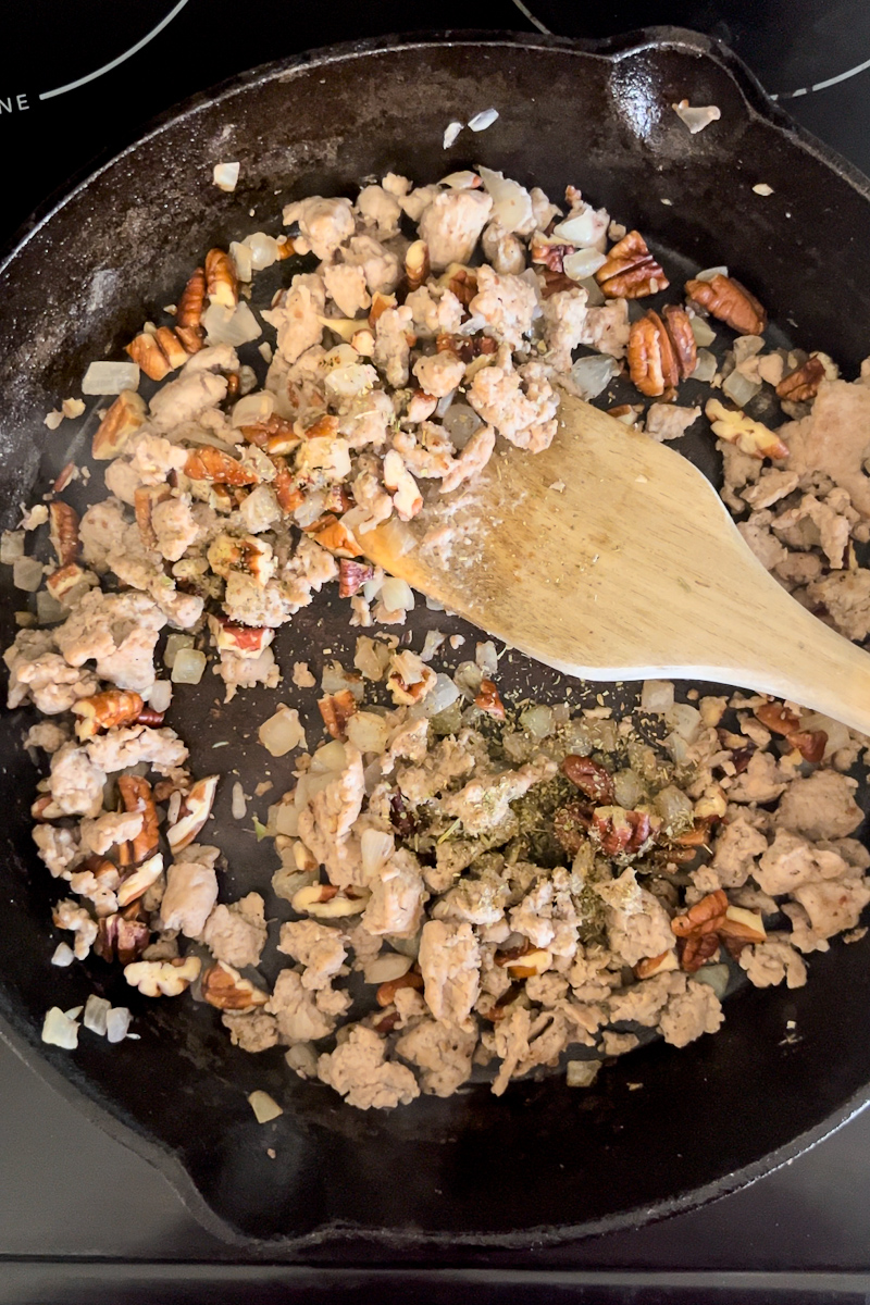 Step one of making Mama Geraldine's Pecan Cheddar Crispies Sausage Stuffing