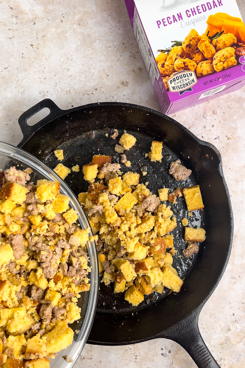 Step 4 of making Mama Geraldine's Pecan Cheddar Crispies Sausage Stuffing