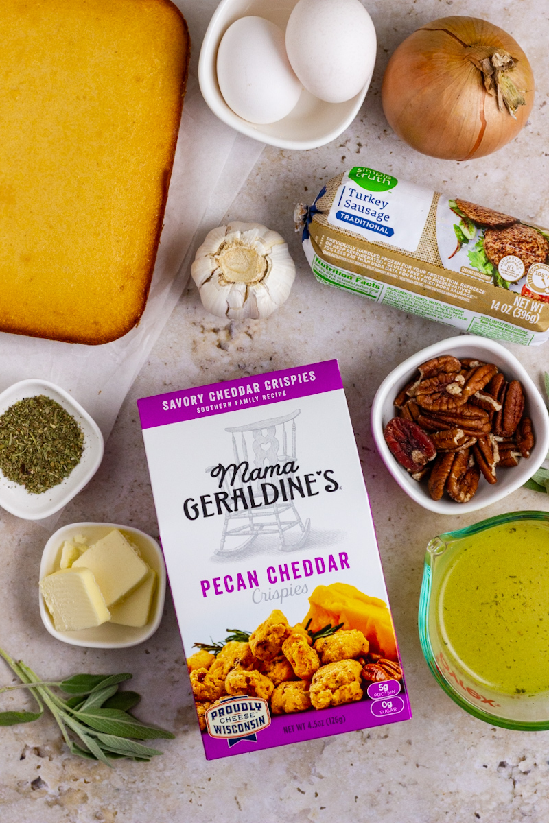 Ingredients for Mama Geraldine's Pecan Cheddar Crispies Sausage Stuffing