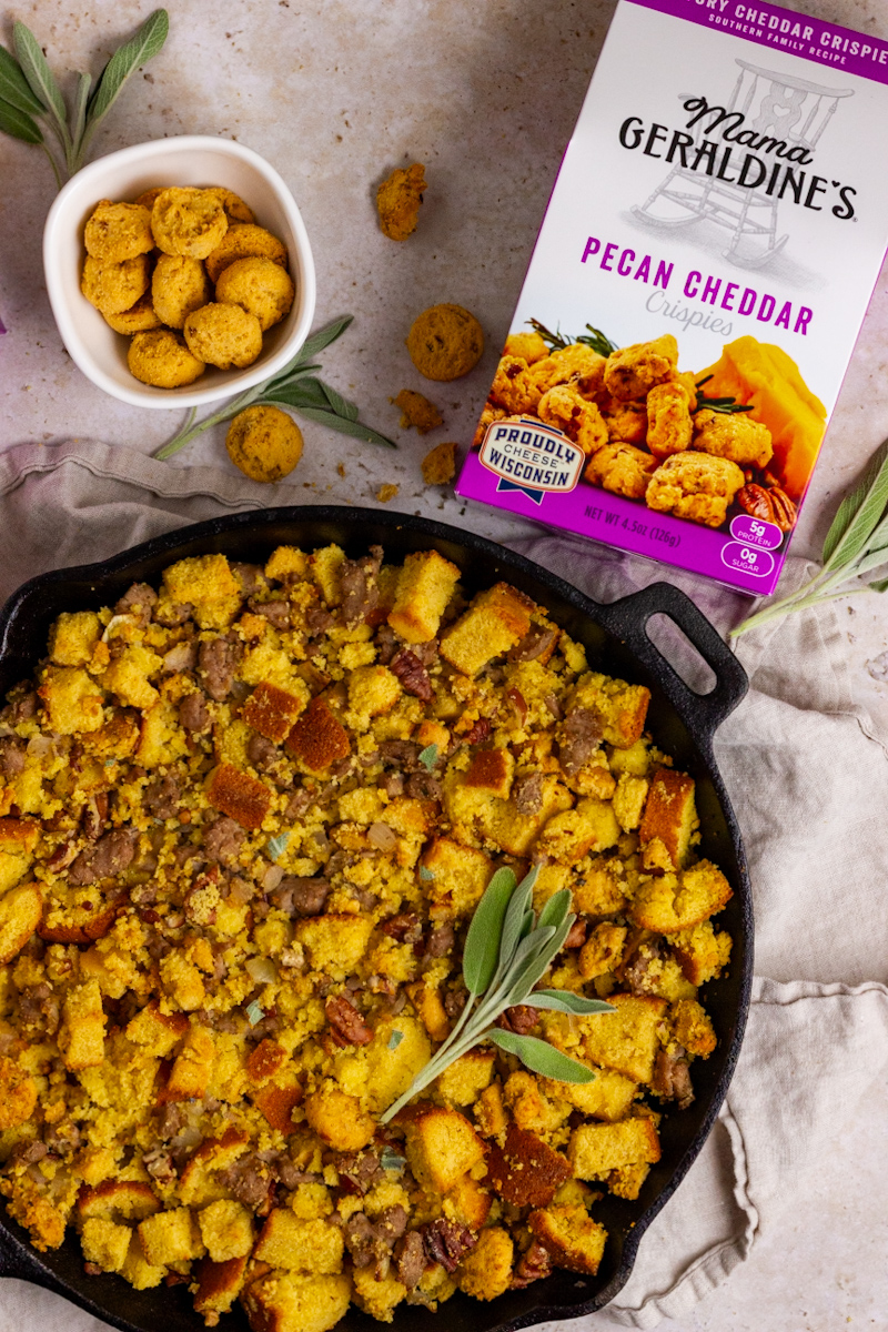 Pecan Cheddar Sausage Stuffing Featuring Mama Geraldine's Pecan Cheddar Crispies